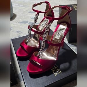 Badgley Mischka Pink Satin Heels with Crystal Embellishments